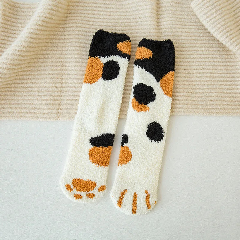 Autumn Winter Coral Velvet Cat Claw Socks – Warm Middle Tube Sleep & Floor Socks for Women Girls