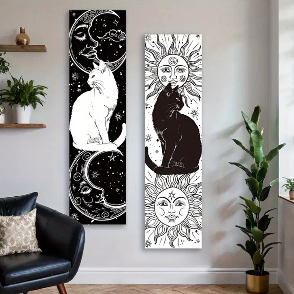 WHIMSY CAT Black & White Cat Vertical Tapestry Sun Moon Long Wall Hanging Starry Sky Decor