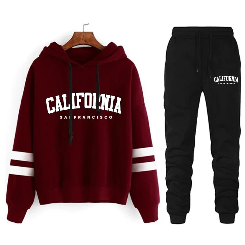CALIFORNIA Women’s Tracksuit Casual Stripe Hooded Sweatshirt & Pants Set Sportswear S-3XL
