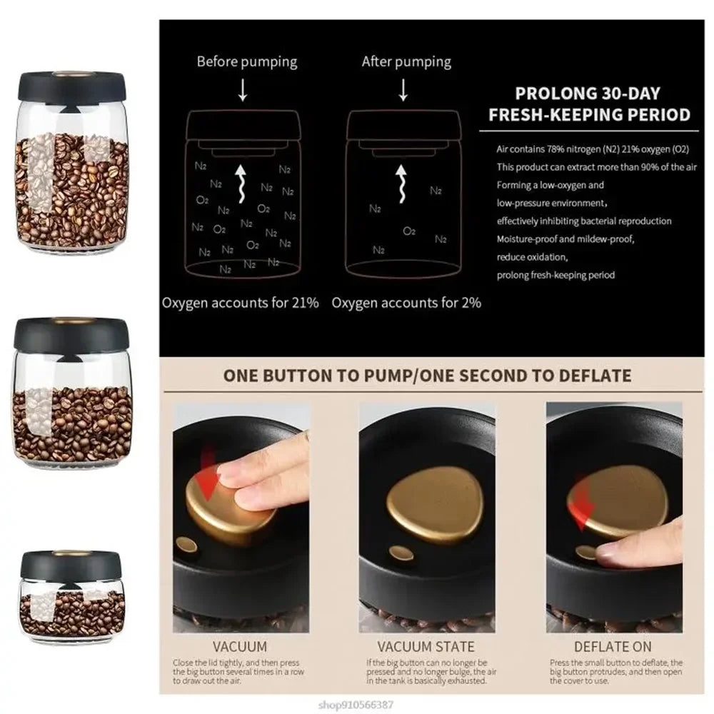 Coffee Beans Vacuum Sealed Glass Storage Jar Airtight Transparent Moisture-Proof Food Container
