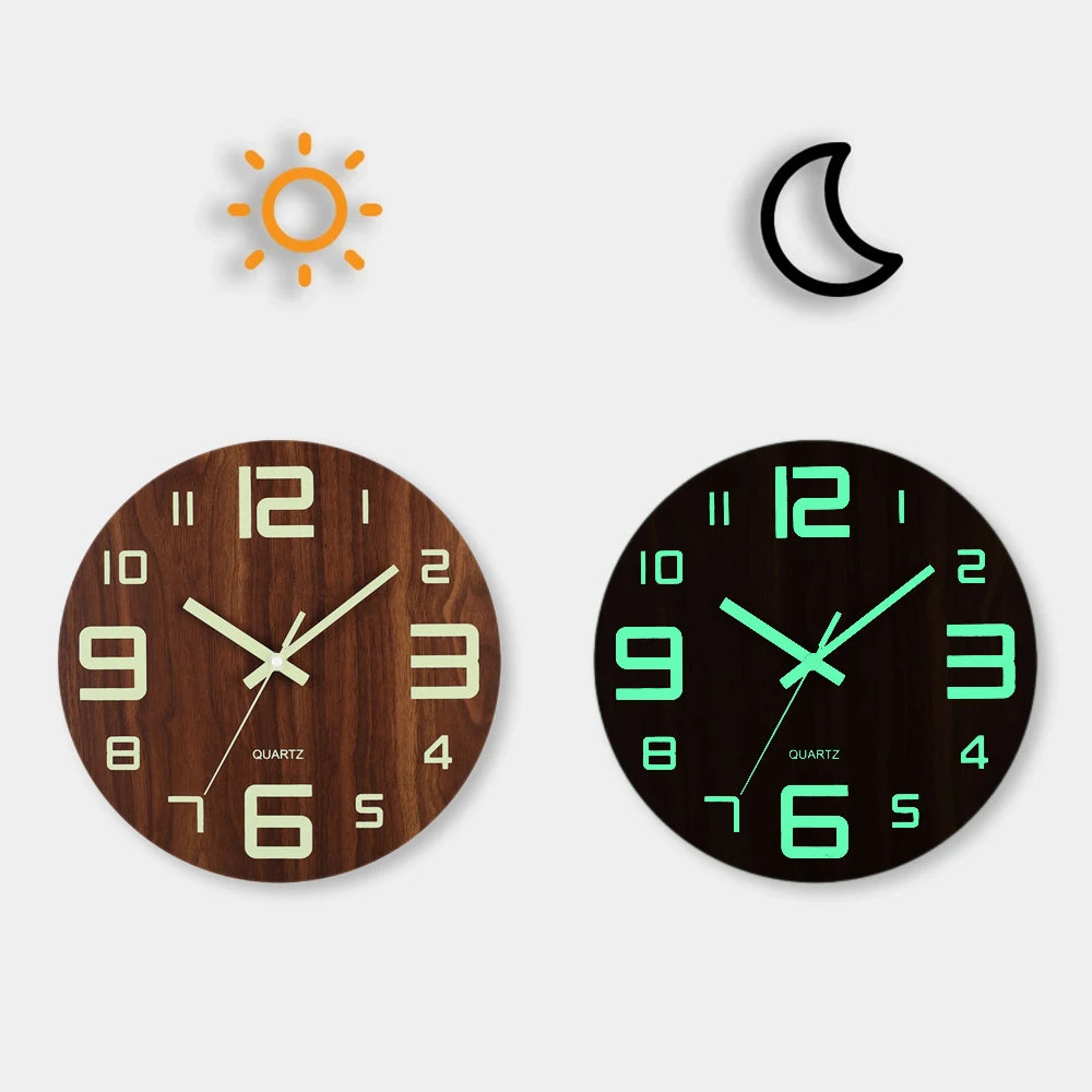 12 Inch Luminous Wooden Wall Clock Silent Non Ticking Nordic Style Night Light Modern Home Decor