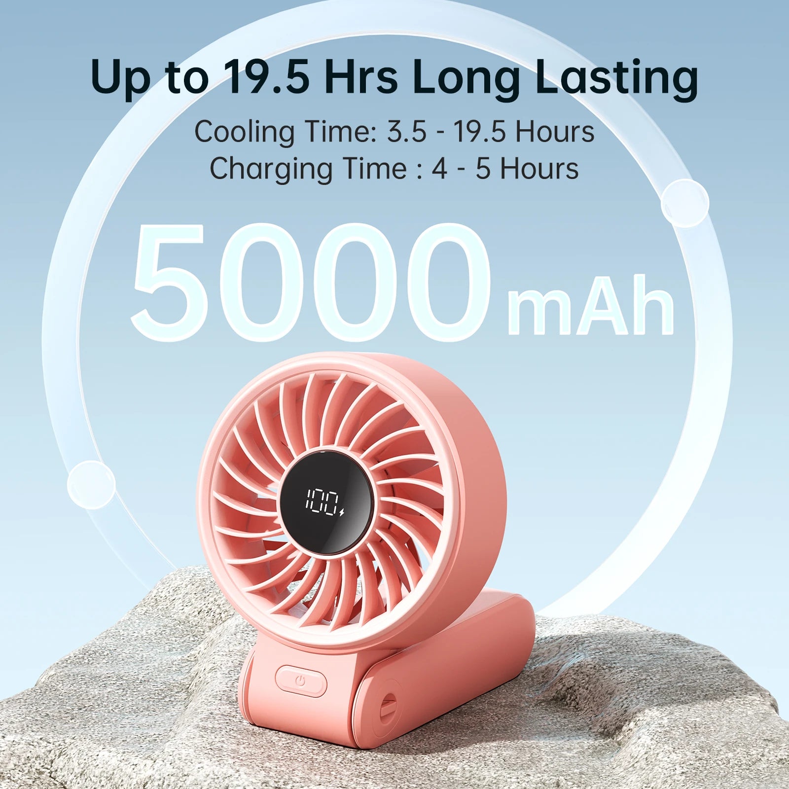 JISULIFE Portable Handheld Fan with LED Display, 5000mAh Battery, 5 Speed Modes, Foldable 3-in-1