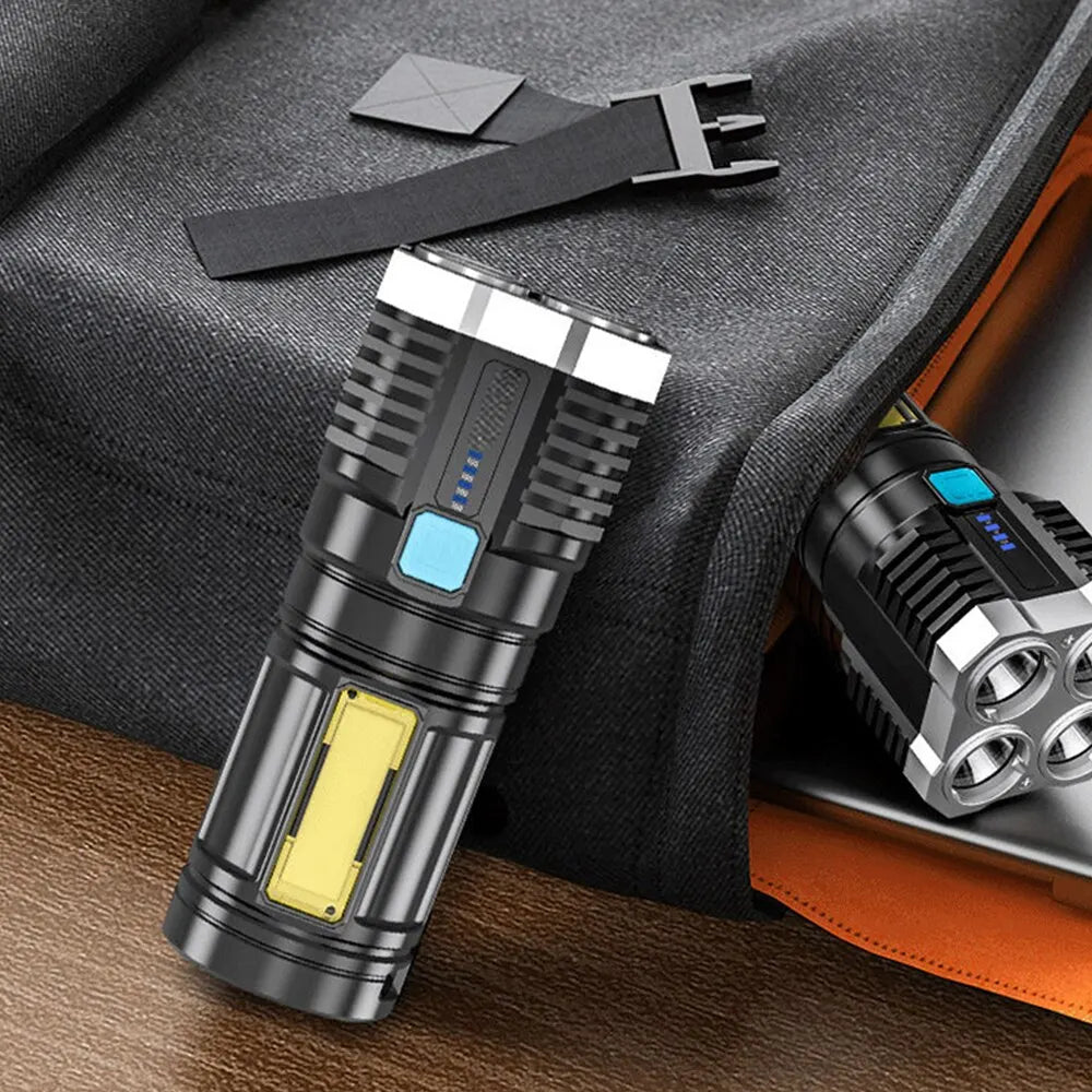 High Power LED Flashlight Camping Torch with 4 Lamp Beads COB Side Light Rechargeable