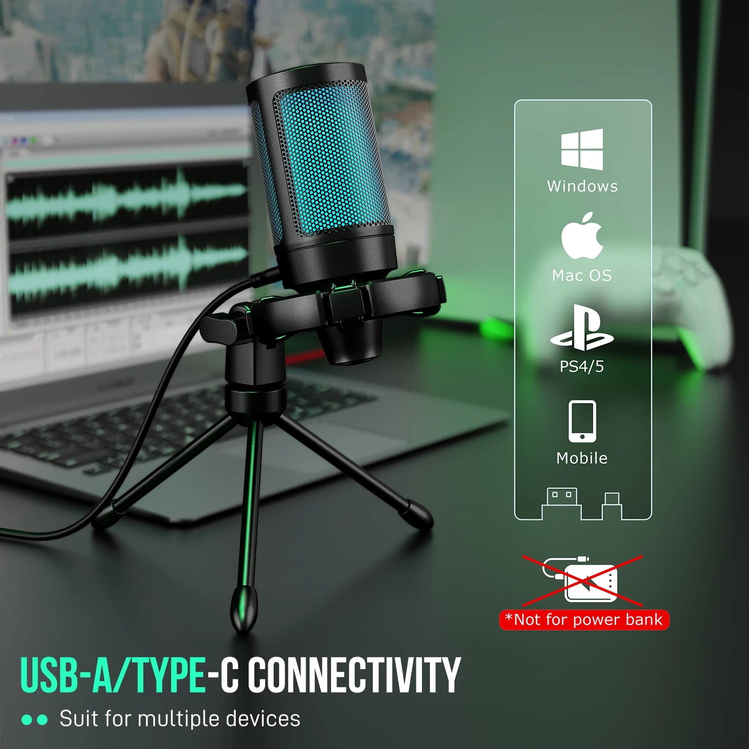 FIFINE AMPLIGAME A2 RGB USB Gaming Microphone Condenser Mic with Tripod, Light-Touch Mute, PC/PS4/5