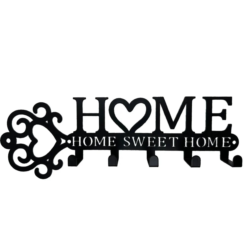 HOME SWEET HOME Metal Wall Hanger with 5 Hooks – Decorative Key, Coat & Towel Rack for Modern Homes