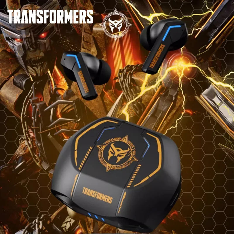 Transformers TF-T06 Bluetooth earbuds with charging case, designed for gaming and music, featuring a sleek black design.