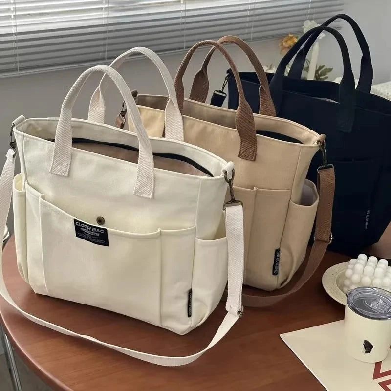 Urban Minimalist Canvas Tote Bag Large Capacity Shoulder Crossbody Bag for Women Students Commuting