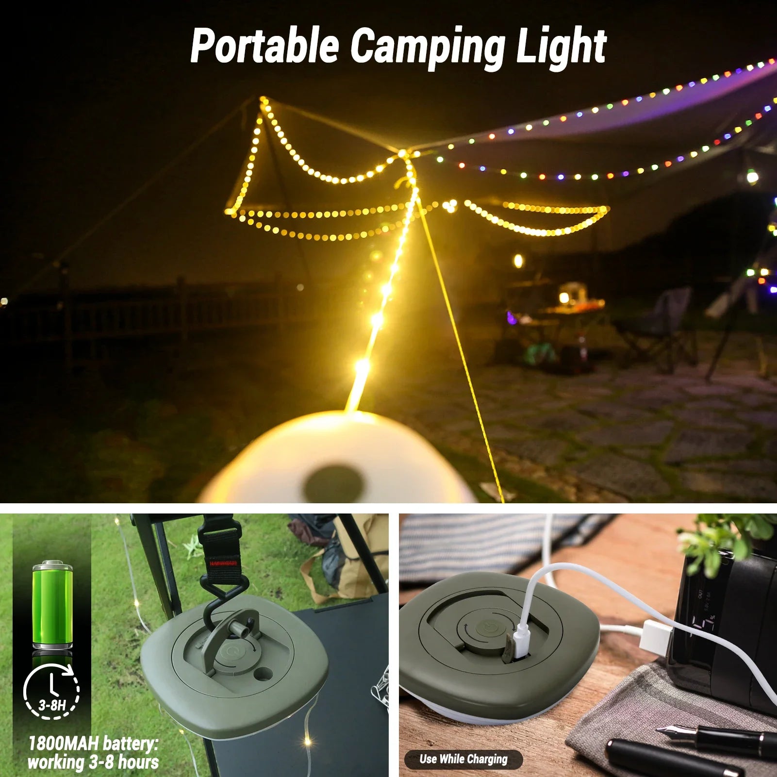 Camping String Lights 33ft Rechargeable Lanterns 2-in-1 Outdoor LED Strip with 2000mAh Battery IPX6