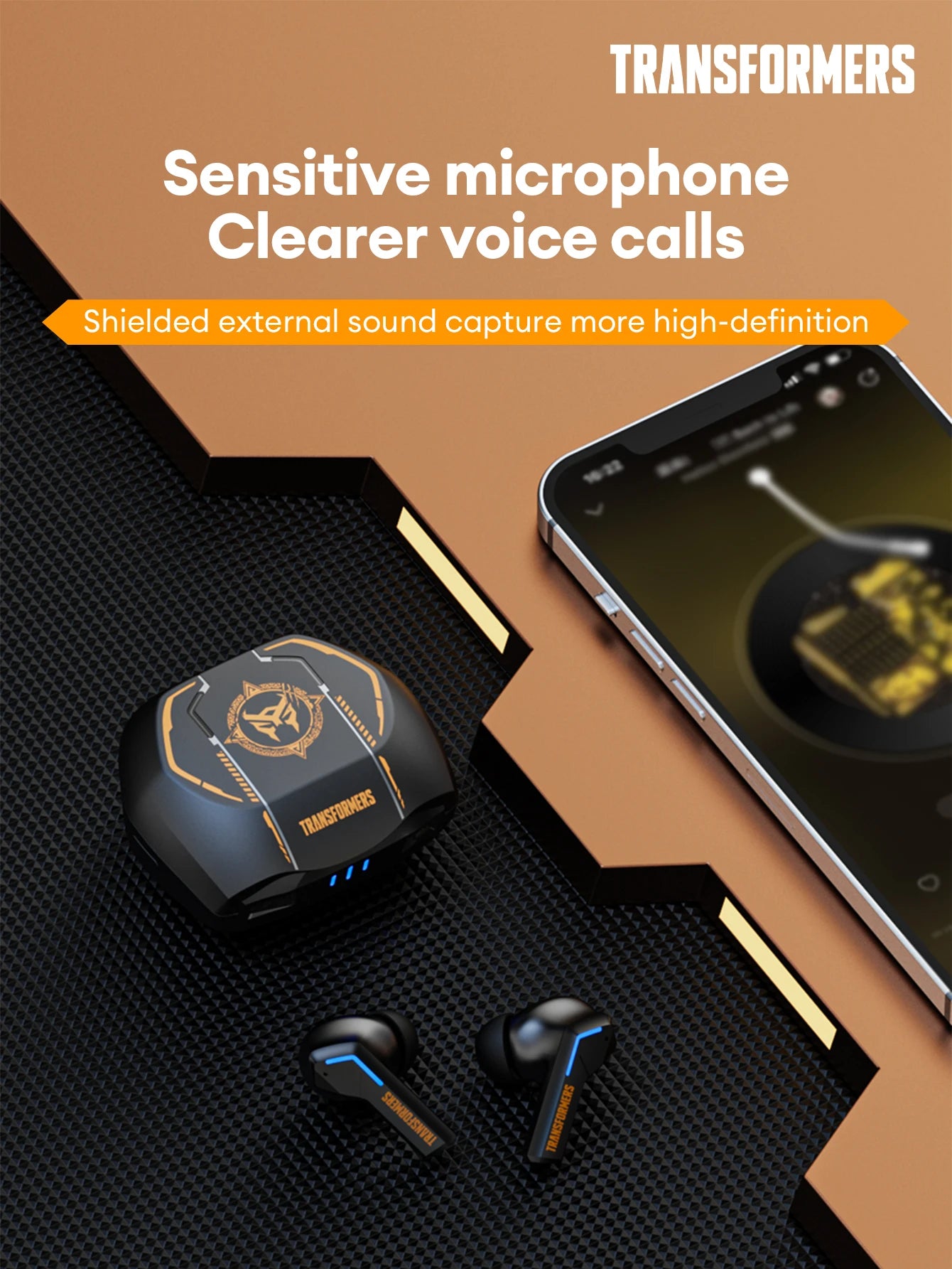 Transformers TF-T06 Bluetooth earbuds with sensitive microphone for clear voice calls and high-definition sound.