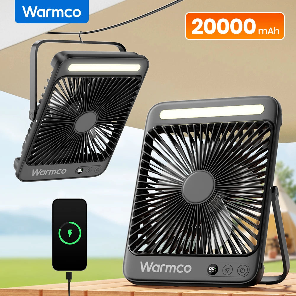 WARMCO D4 Portable Desk & Camping Fan – 20000mAh Rechargeable, Silent, LED Light, 48H Runtime