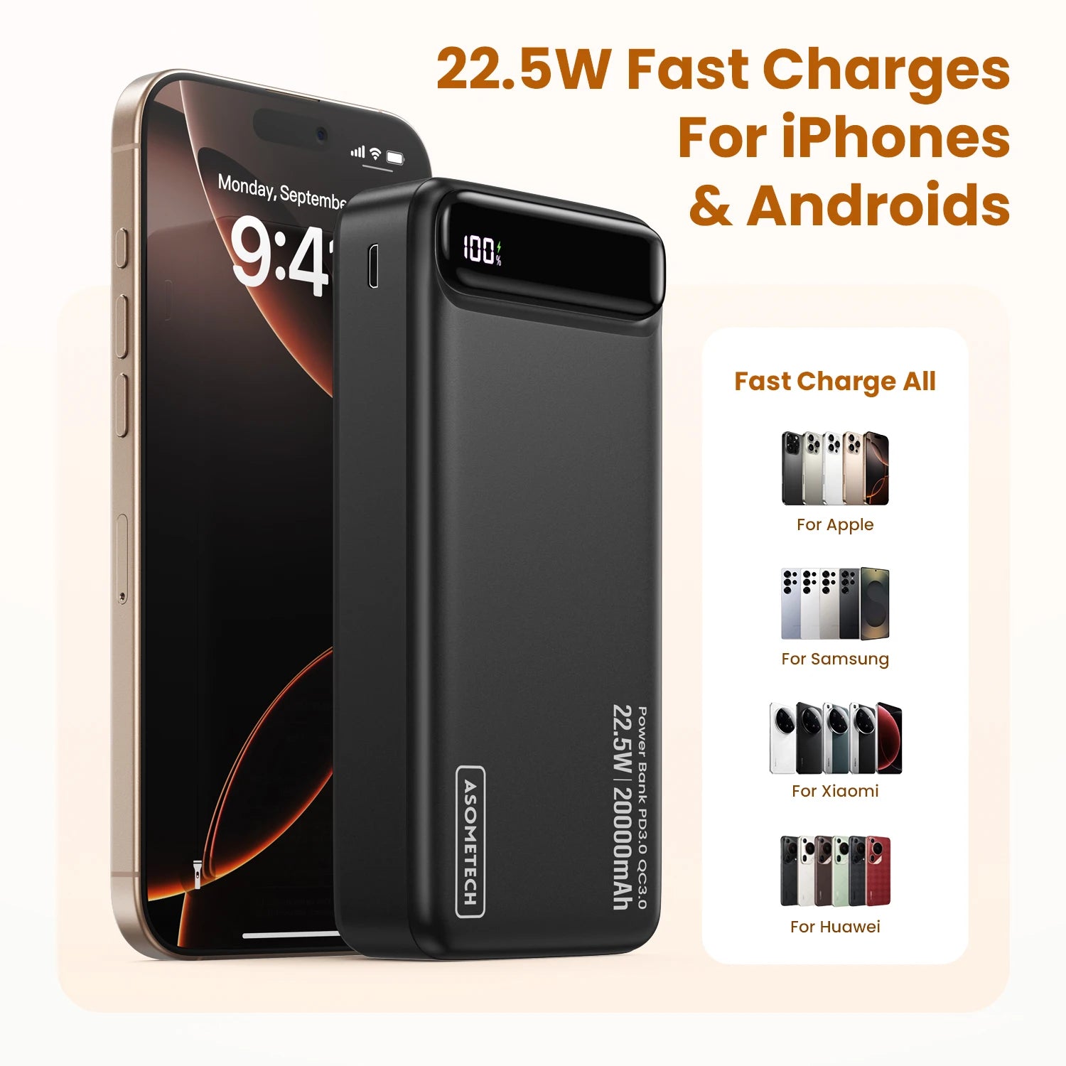 22.5W 20000mAh Portable Power Bank Fast Charging External Battery for iPhone Samsung Xiaomi iPad