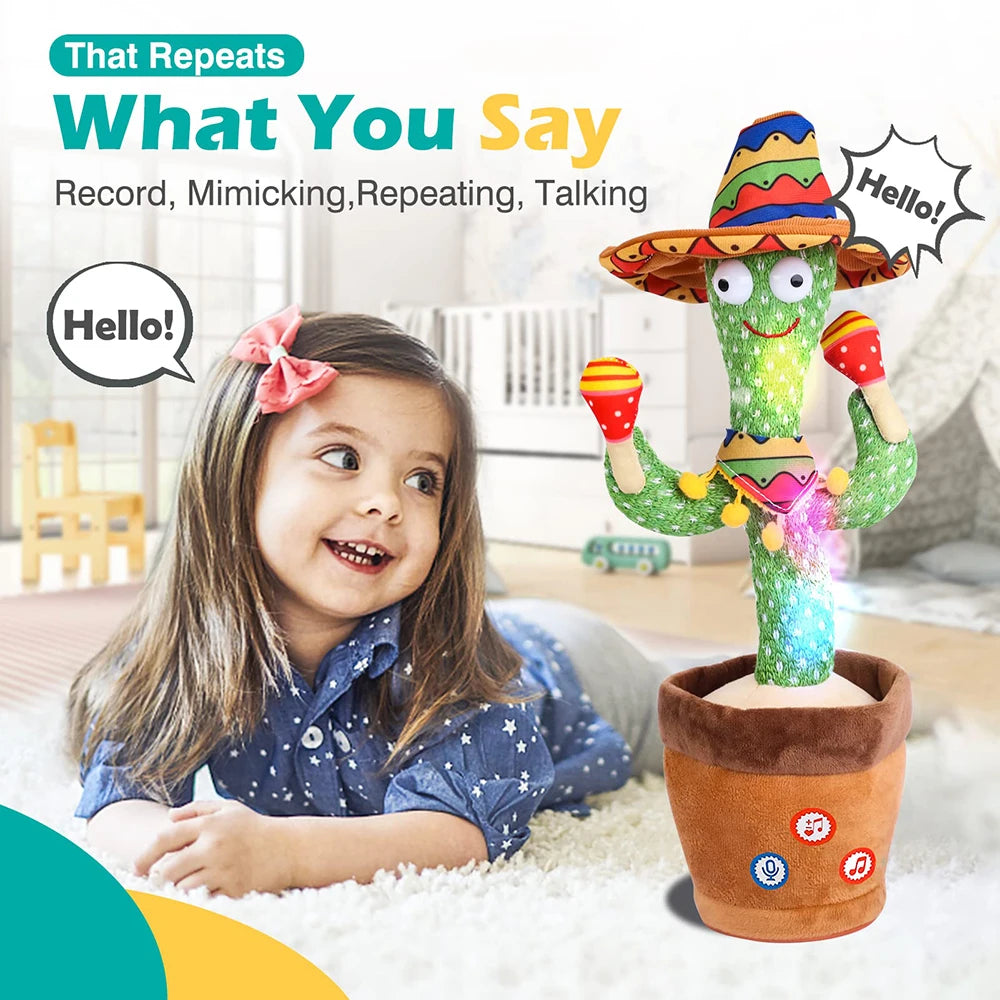 Talking Dancing Cactus Toy Repeats Speech USB Rechargeable Plush with Lights and Music