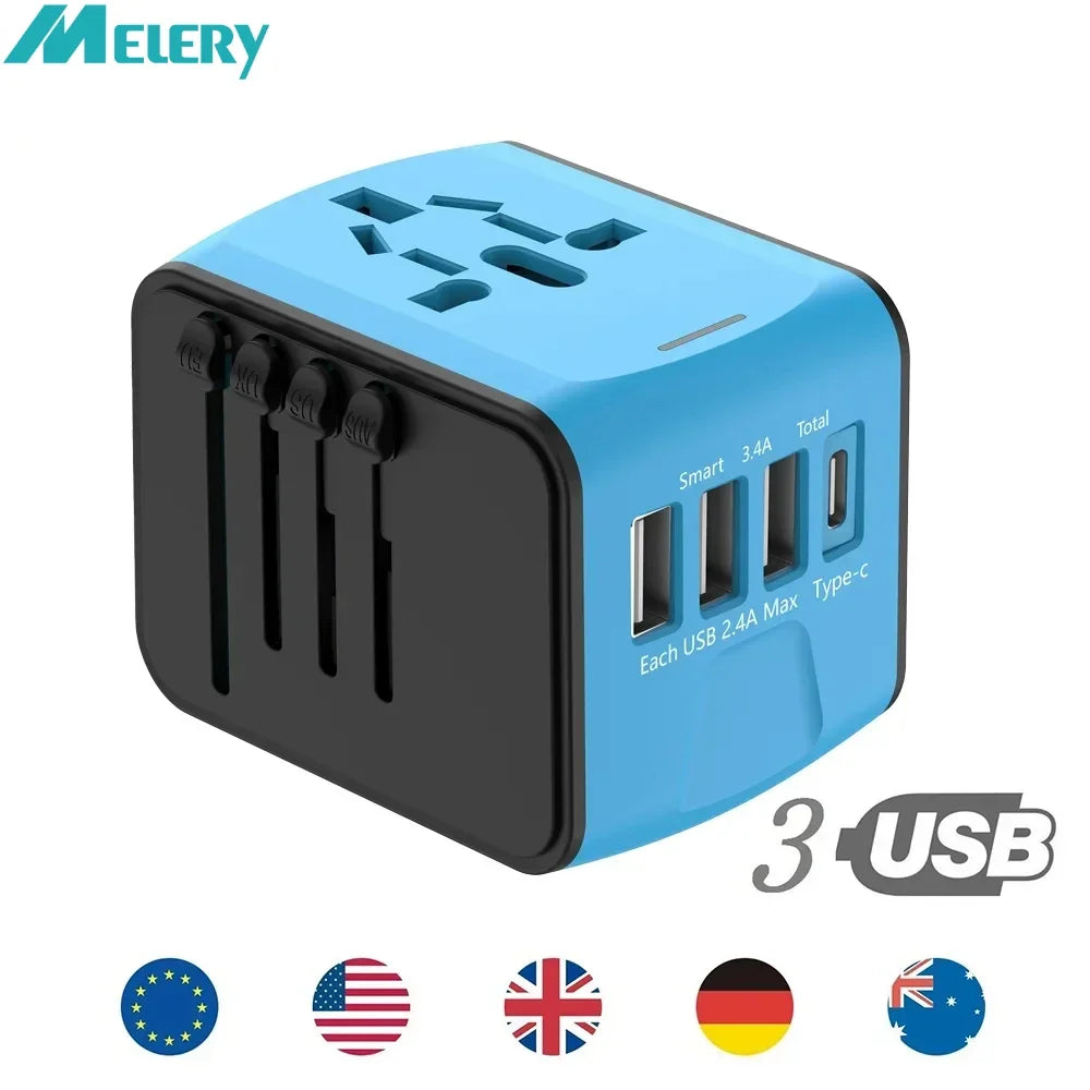 MELERY Universal Travel Adapter with 3 USB & Type-C Ports Fast Worldwide Plug Charger 200+ Countries