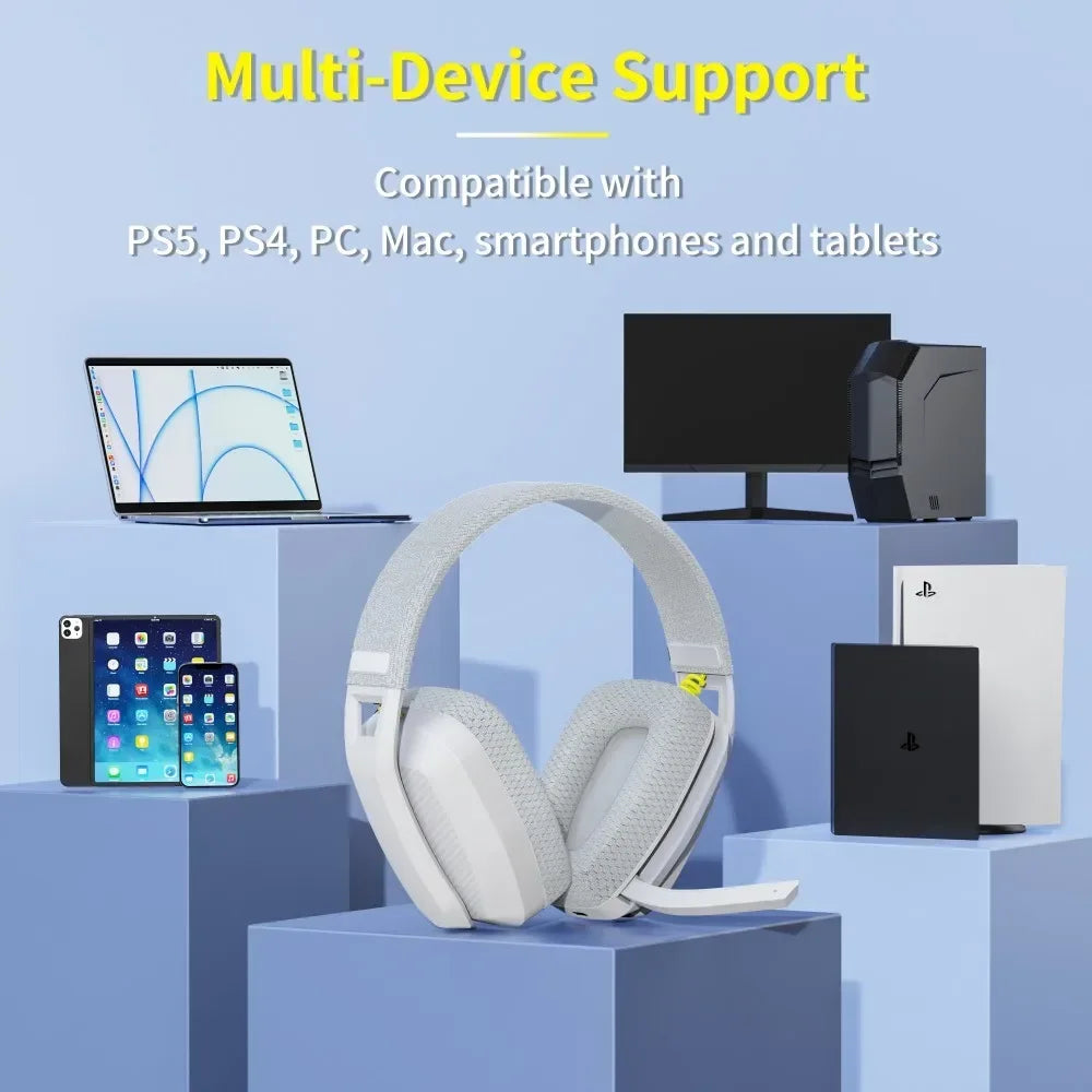 BINNUNE BW06 wireless gaming headset showcasing multi-device compatibility with PS5, PS4, PC, Mac, and tablets.