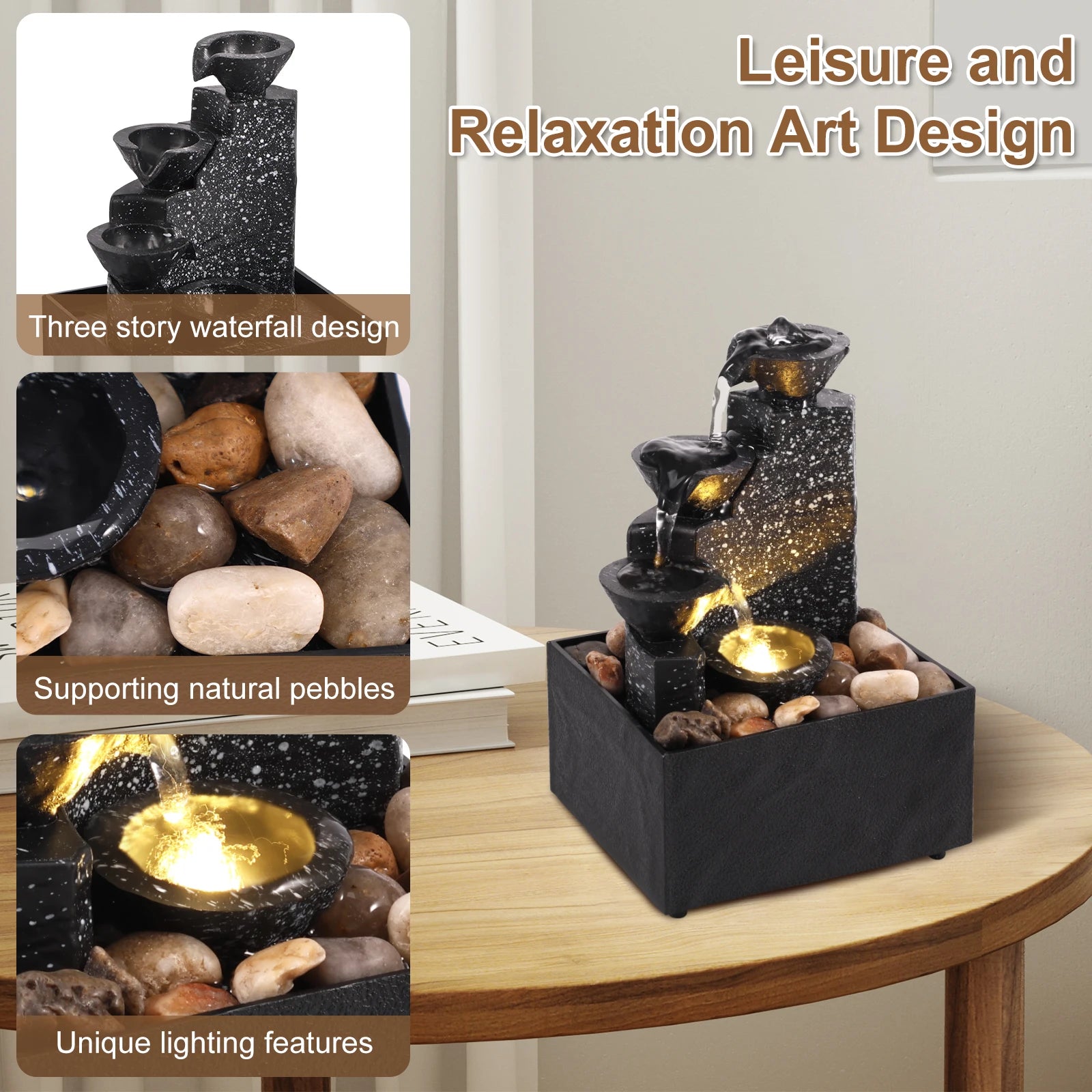 Tabletop Waterfall Desktop Fountain with Soft Lights Flowing Water Relaxation Meditation Gift