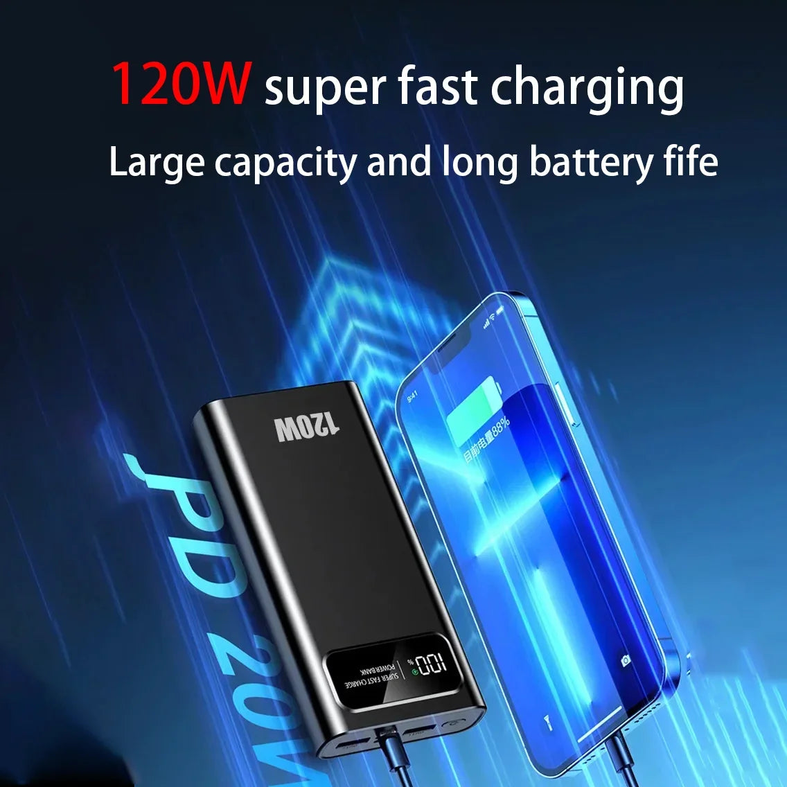 VIVO 200000mAh High Capacity 120W Super Fast Charging Power Bank LED Display for iPhone Xiaomi Samsung