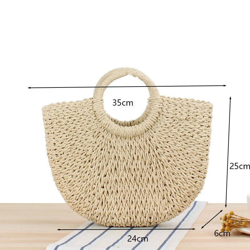 Moon-Shaped Handmade Straw Beach Bag – Boho Chic Summer Tote Handbag for Women & Holiday Travel