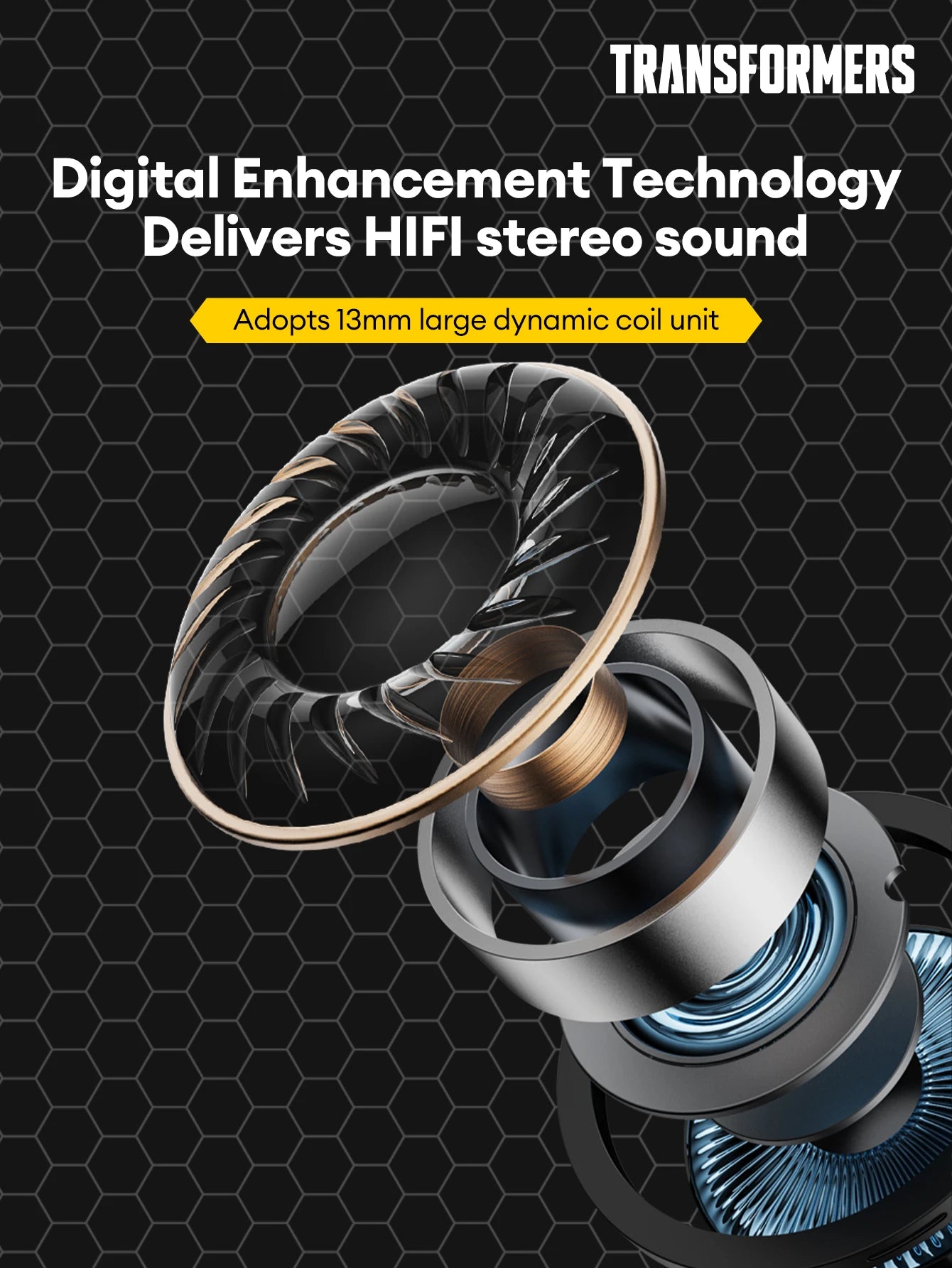 Transformers TF-T06 wireless earbuds showcase digital enhancement technology and 13mm dynamic coil unit.