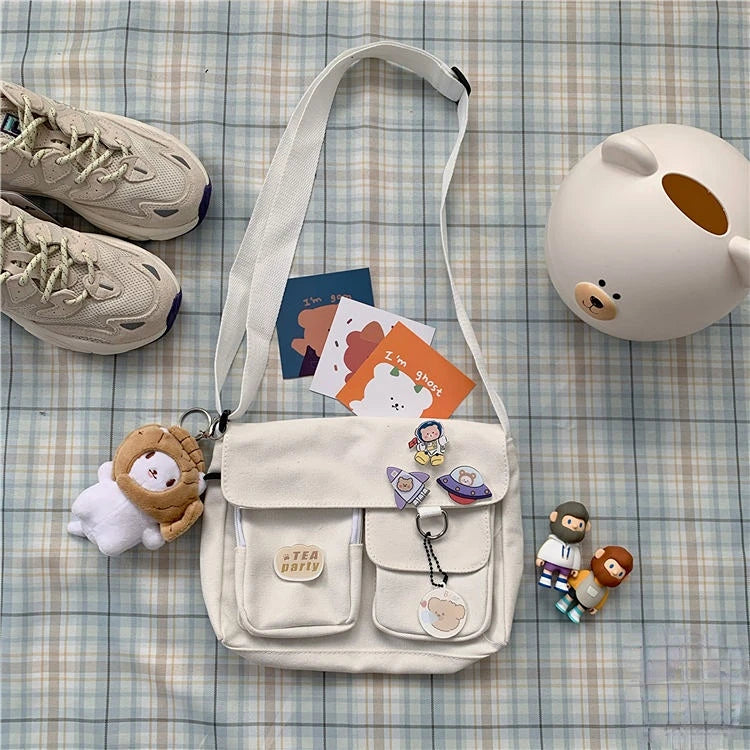 Cute Canvas Shoulder Bag for Women – Harajuku Crossbody Messenger Pouch, Casual Small Bag for Girls