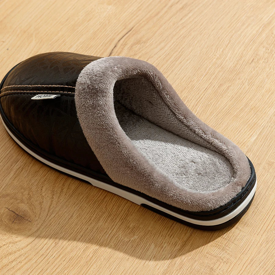 Men's Waterproof PU Leather Slippers – Big Size Indoor Fur-Lined House Shoes