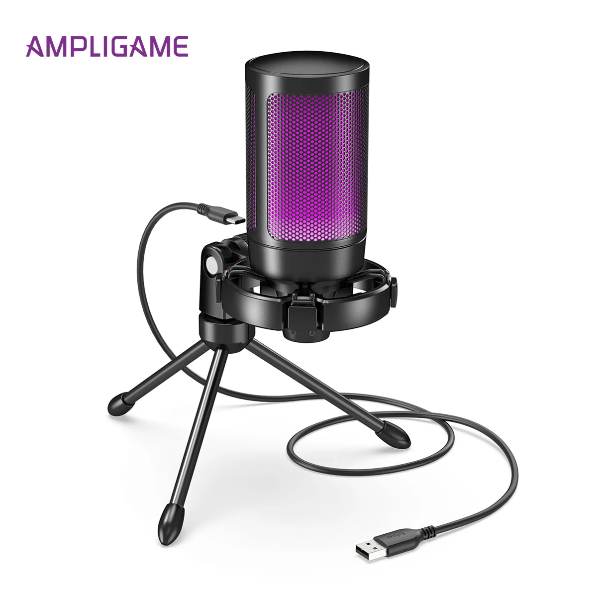 FIFINE AMPLIGAME A2 RGB USB Gaming Microphone Condenser Mic with Tripod, Light-Touch Mute, PC/PS4/5