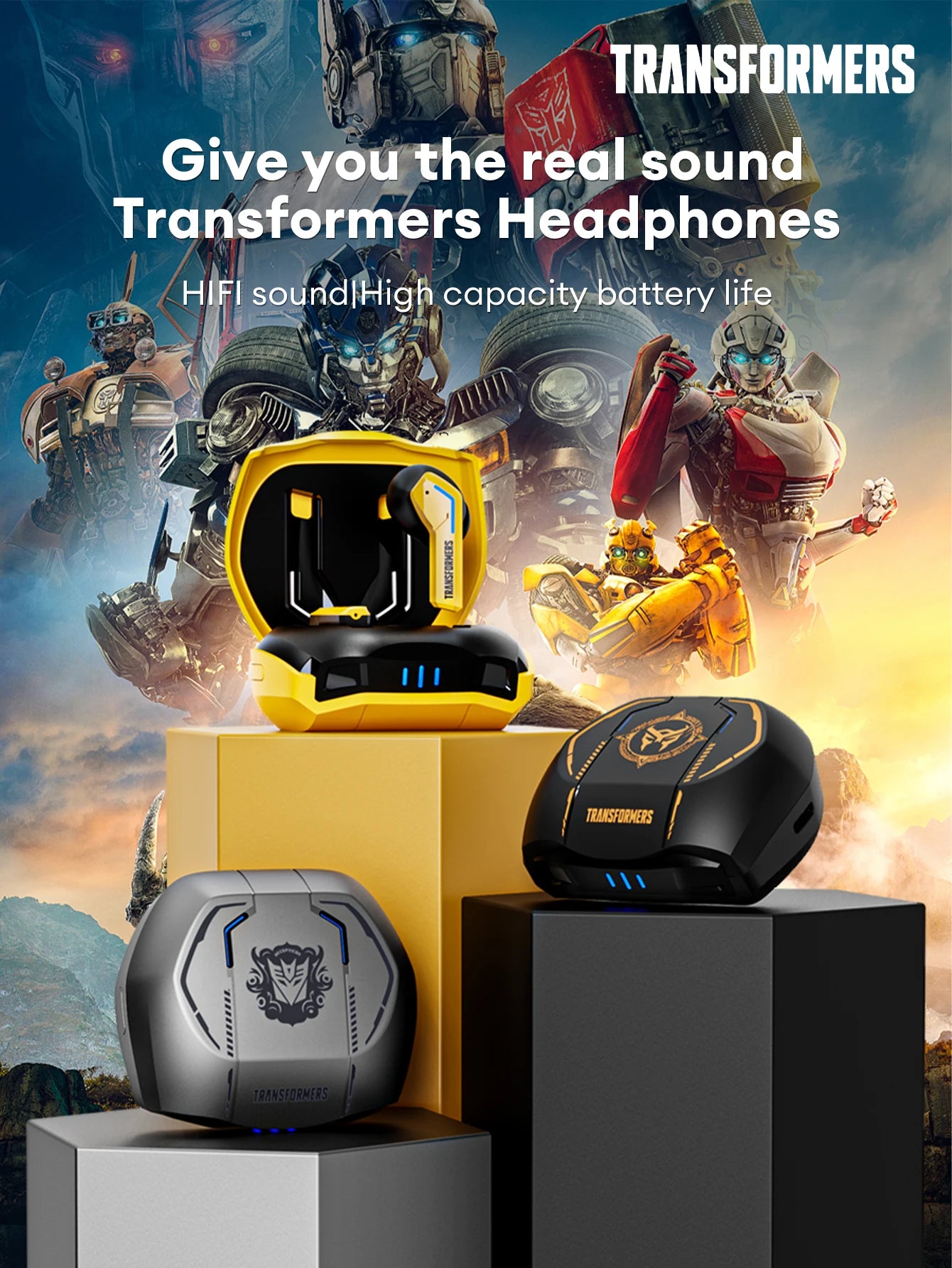 Transformers TF-T06 Bluetooth 5.3 wireless earbuds with HiFi sound and high battery life, showcased with a vibrant background.