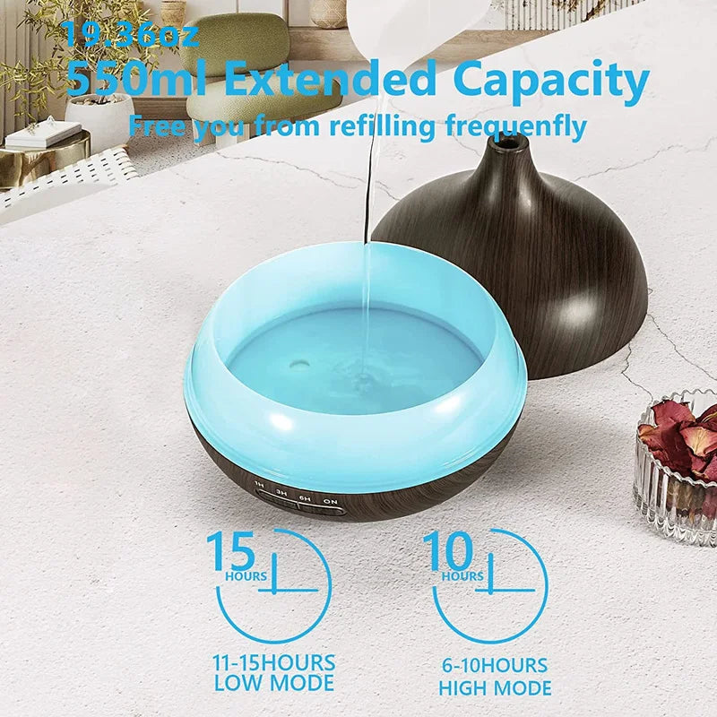 550ML Wood Grain USB Aroma Diffuser – Essential Oil Humidifier With LED Lights & Remote Control
