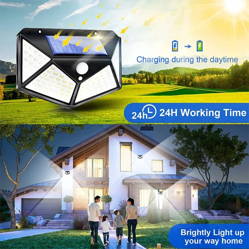 100 LED Solar Wall Light Outdoor PIR Motion Sensor Waterproof Garden Security Street Lamp Lighting