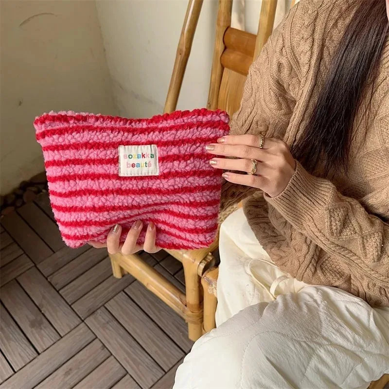 Striped Dot Plush Clutch Cosmetic Bag – Large Capacity Travel Makeup & Toiletries Pouch