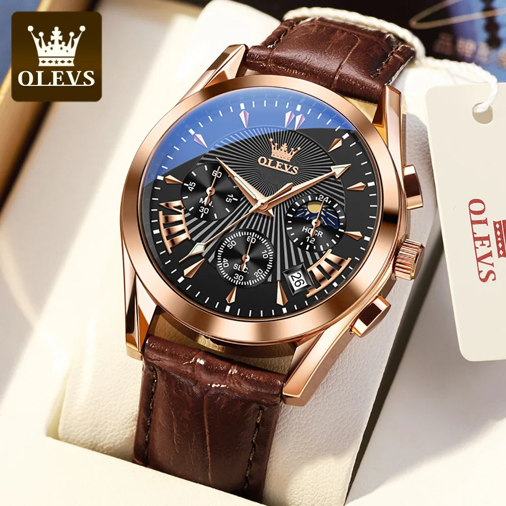 OLEVS Luxury Men’s Quartz Watch Waterproof Chronograph Wristwatch with Leather Strap for Business