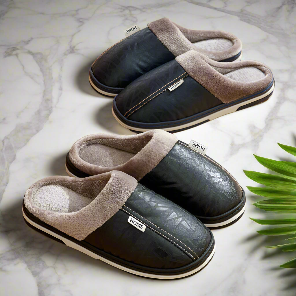 Men's Waterproof PU Leather Slippers – Big Size Indoor Fur-Lined House Shoes