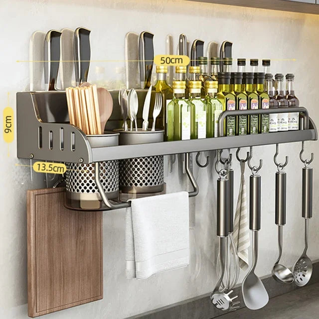 Multifunctional Kitchen Storage Rack Wall-Mounted Spice Holder Cutting Board & Utensils Organiser