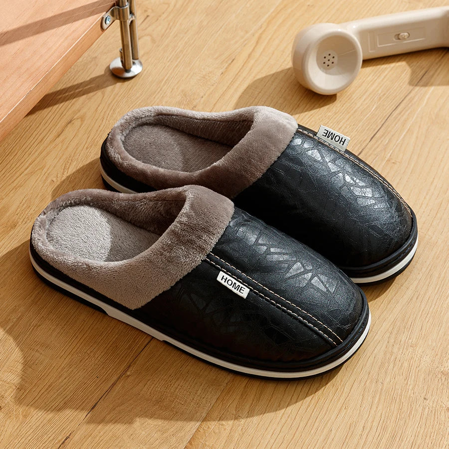 Men's Waterproof PU Leather Slippers – Big Size Indoor Fur-Lined House Shoes