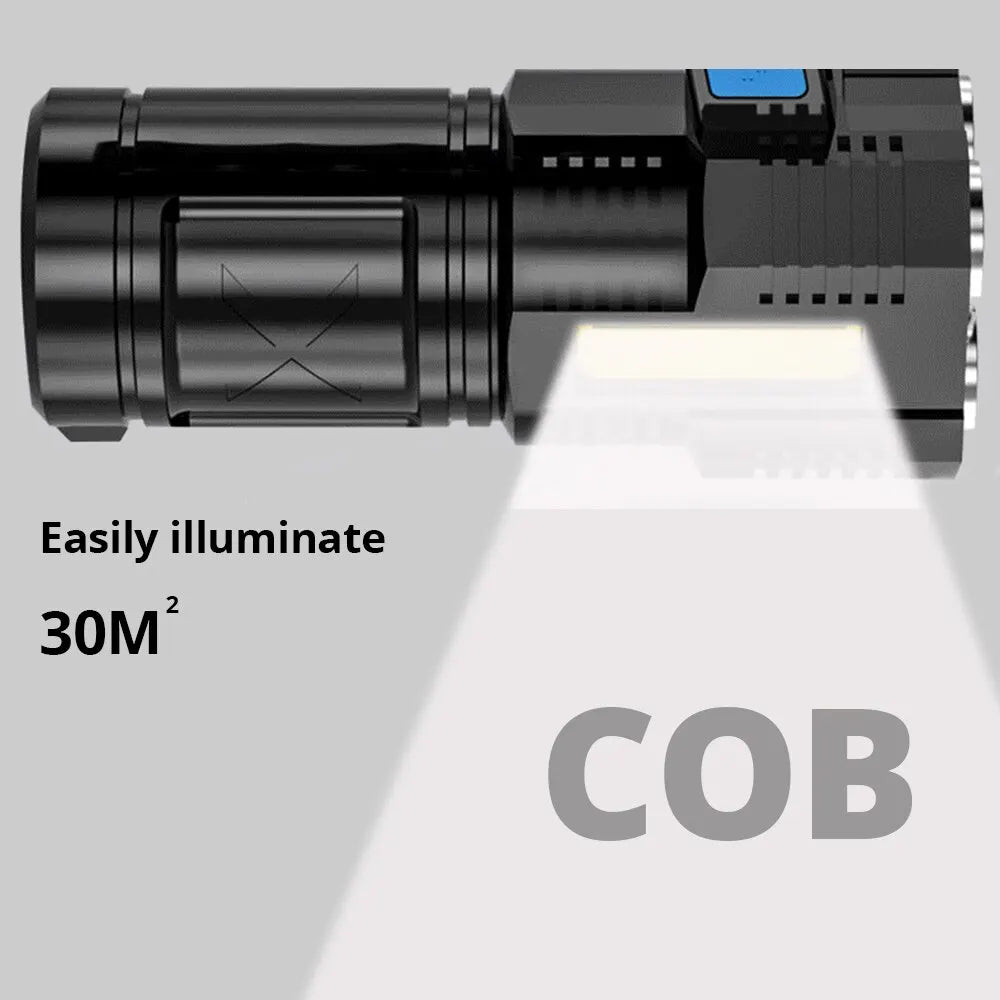 High Power LED Flashlight Camping Torch with 4 Lamp Beads COB Side Light Rechargeable