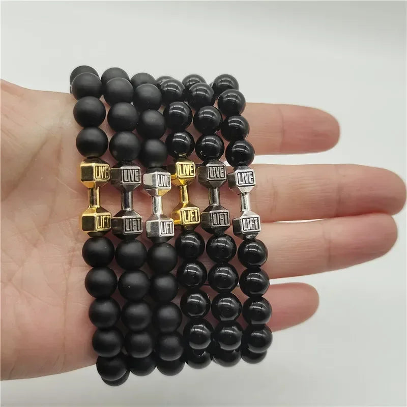 Lava Bracelet – Black Volcanic Stone with Matte Dumbbell Beads