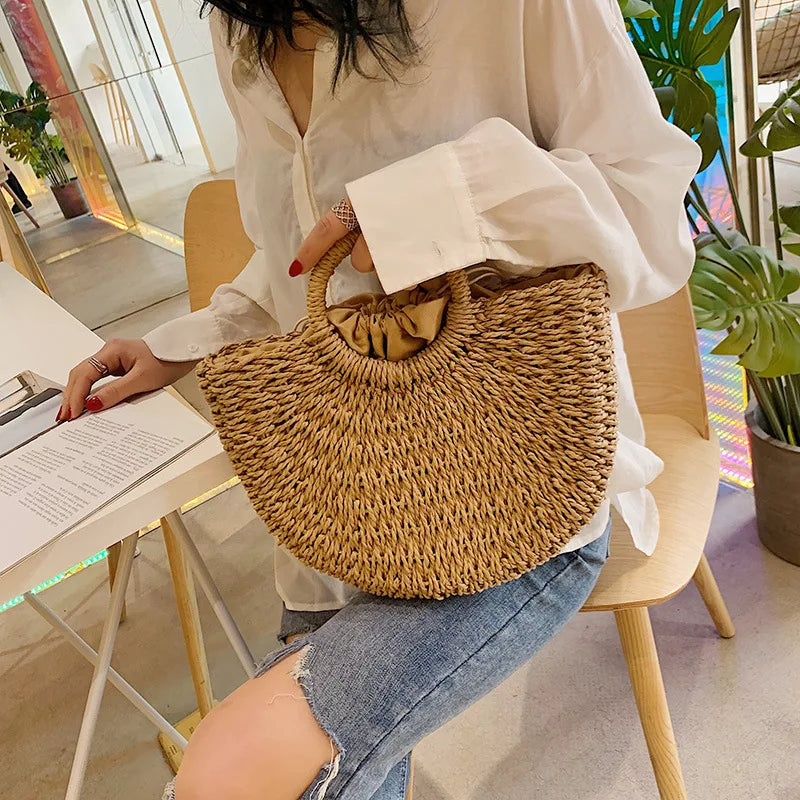 Moon-Shaped Handmade Straw Beach Bag – Boho Chic Summer Tote Handbag for Women & Holiday Travel