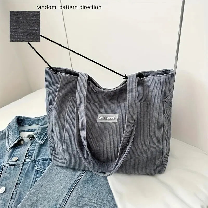 Trendy Corduroy Tote Bag with Front Pocket Large Capacity Casual Shoulder Handbag for Women