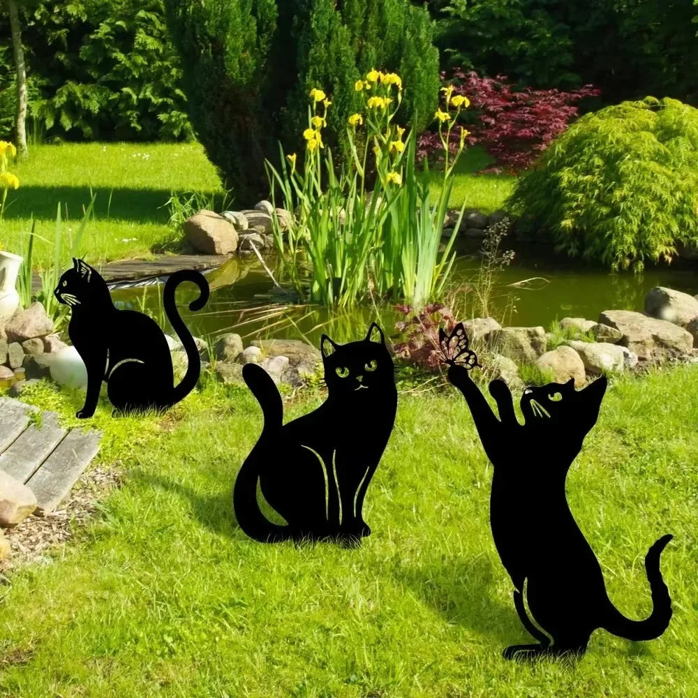 Exclusive Cute Cat Garden Silhouette – Tiki-Inspired Cat Family Garden Stakes Outdoor Decor Statues