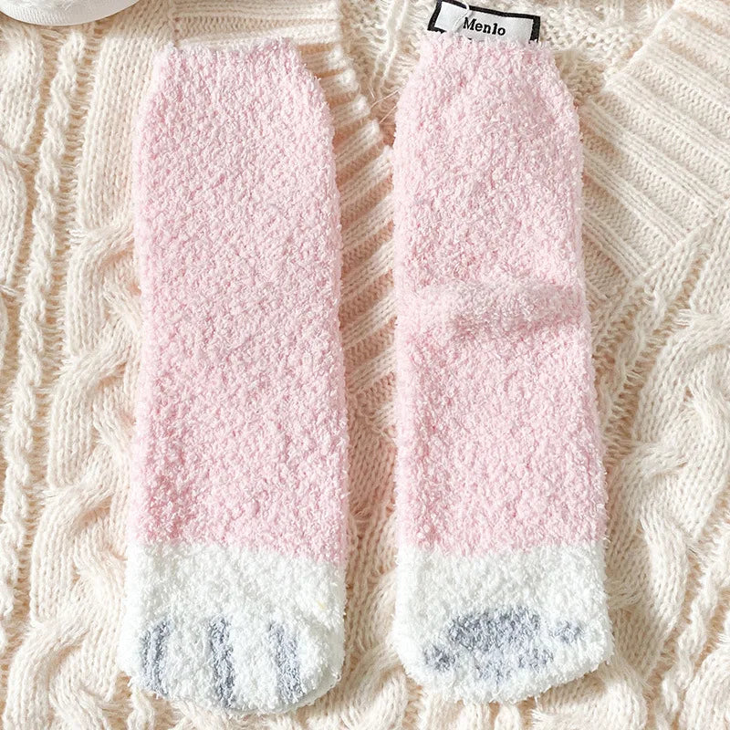 Autumn Winter Coral Velvet Cat Claw Socks – Warm Middle Tube Sleep & Floor Socks for Women Girls