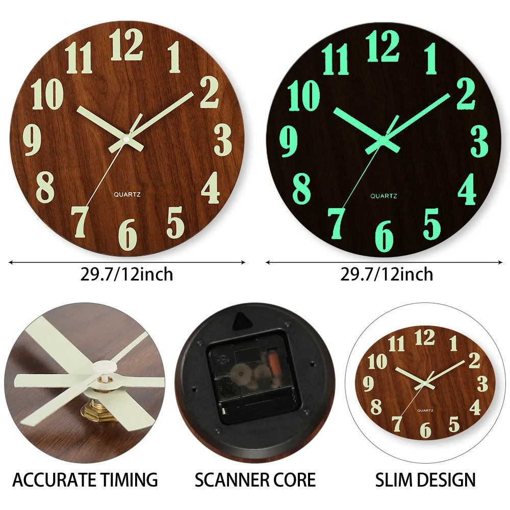12 Inch Luminous Wooden Wall Clock Silent Non Ticking Nordic Style Night Light Modern Home Decor