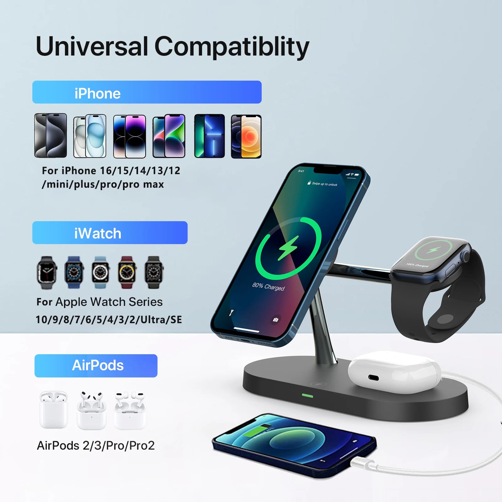 3 in 1 Wireless Charger Stand for iPhone 12-17 Apple Watch 4-10 AirPods 2 3 Pro Fast Charging