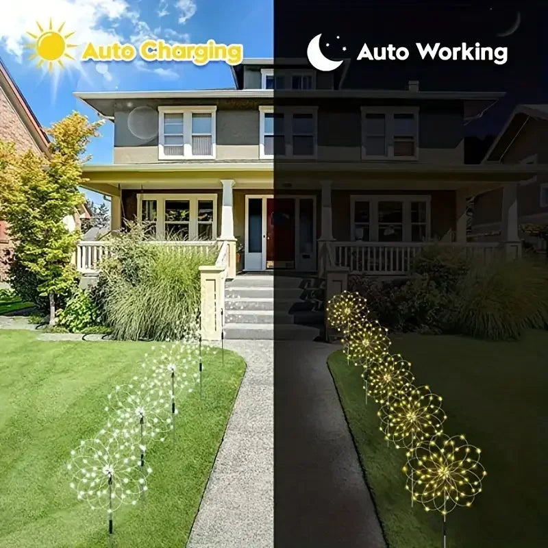 NEW 60LEDs Solar Fireworks Lights Outdoor Waterproof Garden Lamps 8 Modes with Remote Control