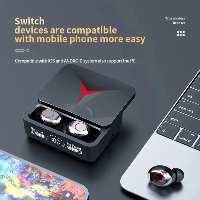 TWS M90 wireless earbuds with charging case, compatible with iOS, Android, and PC for seamless connection.