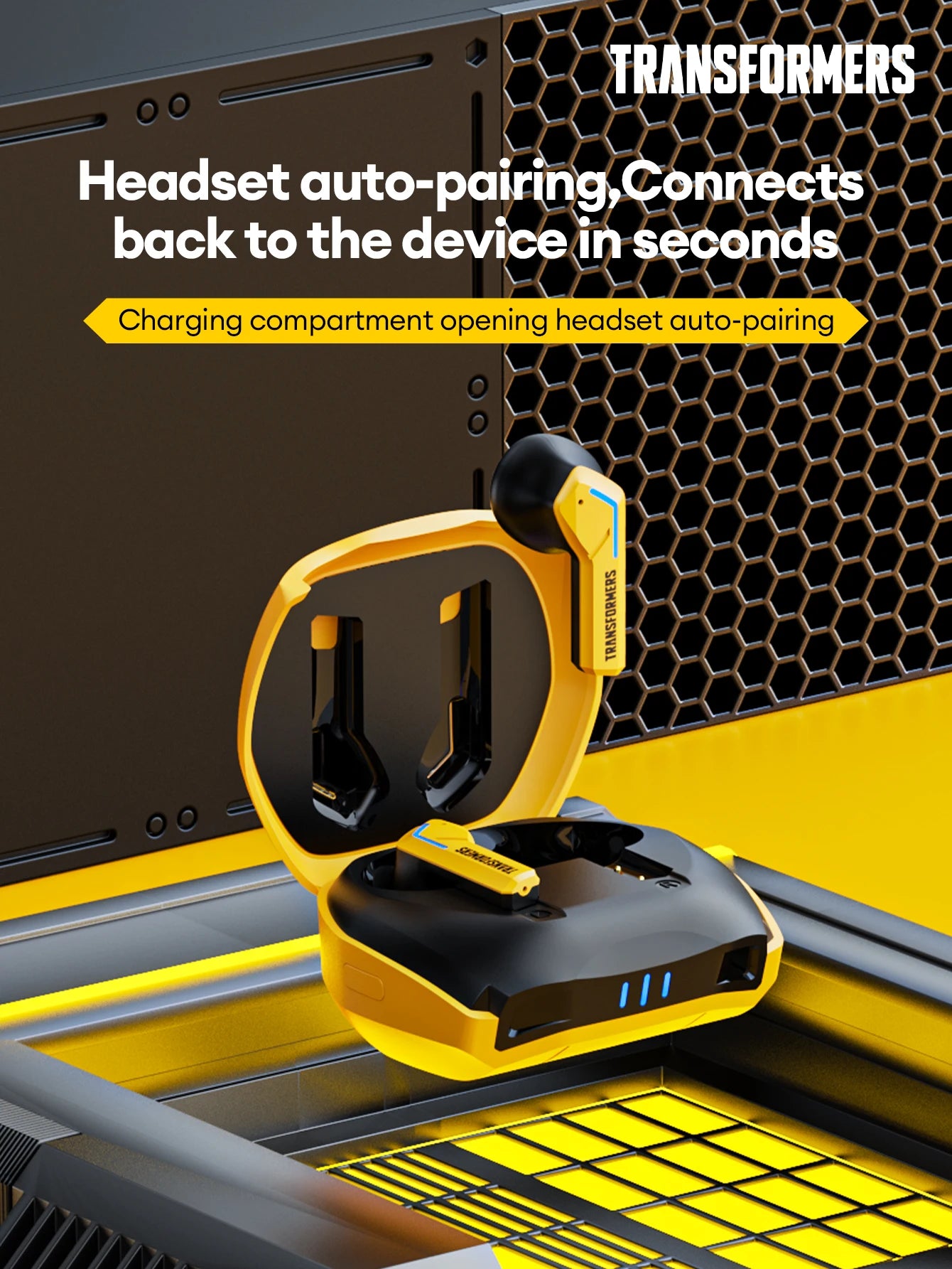 Transformers TF-T06 Bluetooth earbuds showcasing auto-pairing feature and charging compartment design.