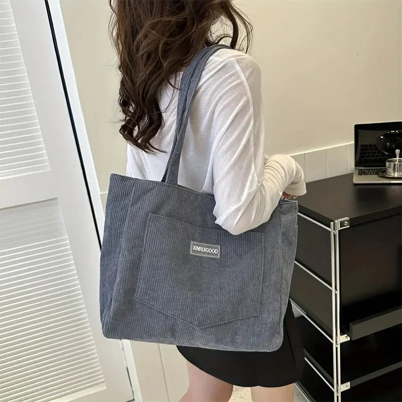 Trendy Corduroy Tote Bag with Front Pocket Large Capacity Casual Shoulder Handbag for Women