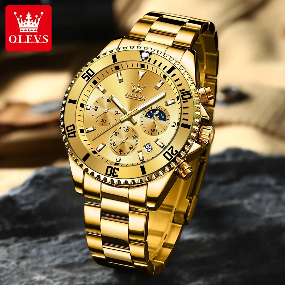 OLEVS 2870 LUXURY GOLDEN WATCH FOR MEN BUSINESS FASHION WATERPROOF QUARTZ MOON PHASE TIMEPIECE