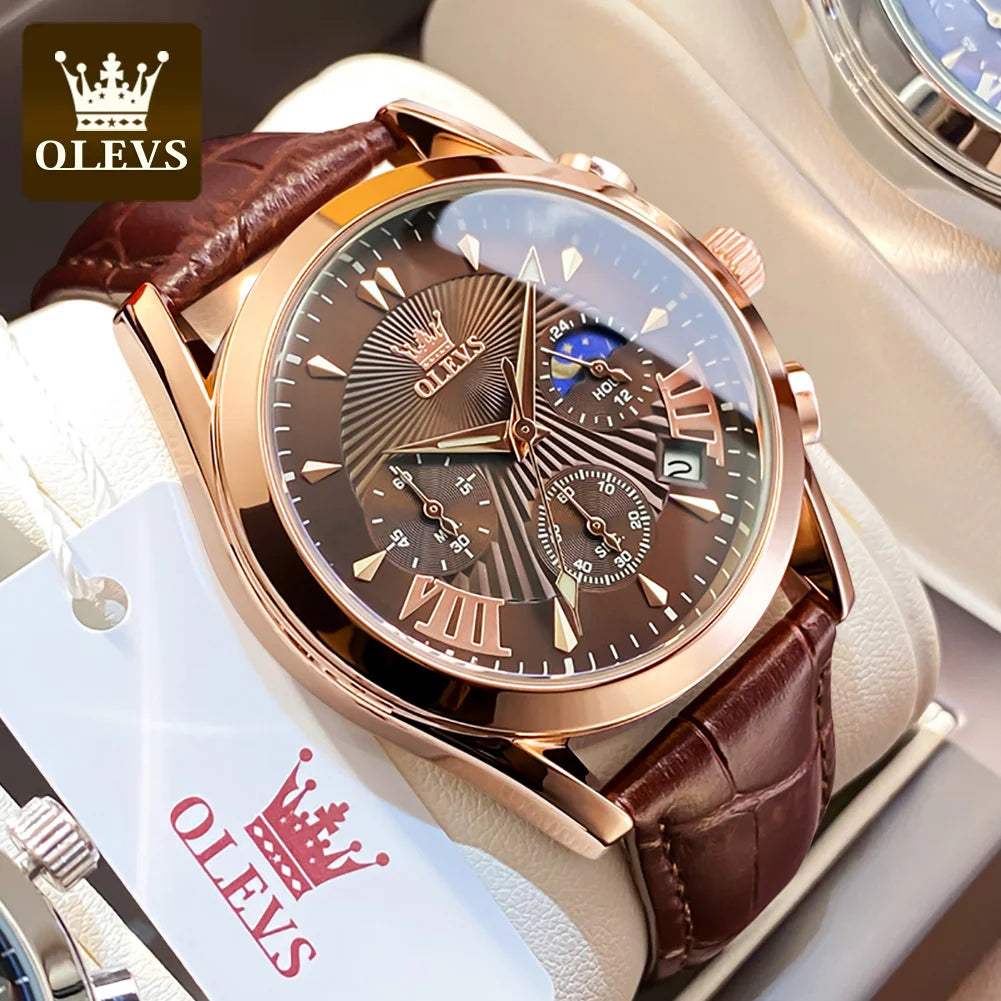 OLEVS Luxury Men’s Quartz Watch Waterproof Chronograph Wristwatch with Leather Strap for Business