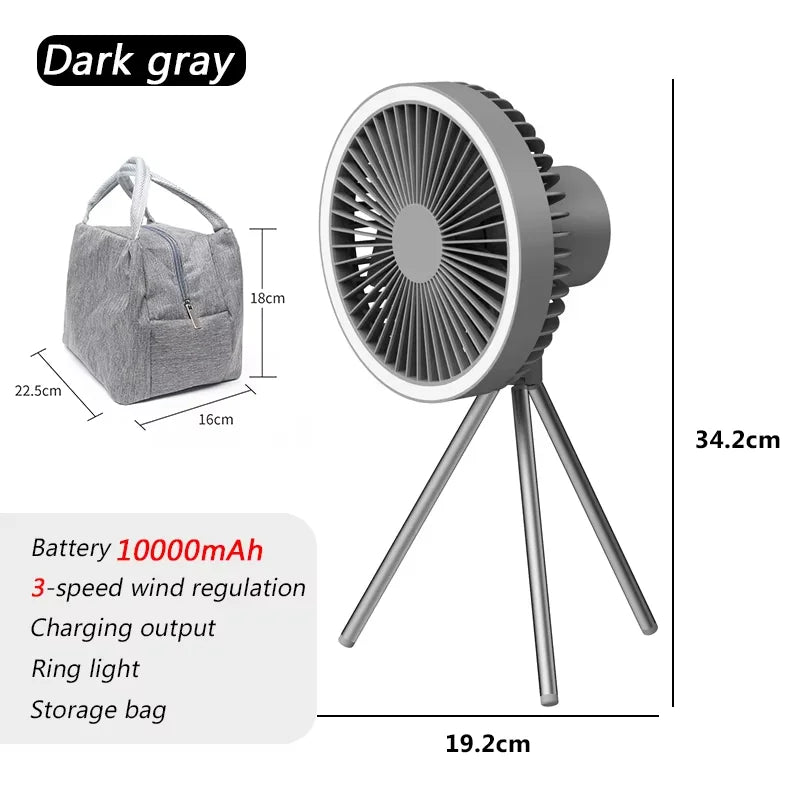 10000mAh Portable Camping Fan with Power Bank, Tripod, Tent Hook, Outdoor Tent Cooling Fan
