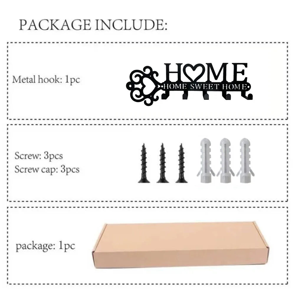 HOME SWEET HOME Metal Wall Hanger with 5 Hooks – Decorative Key, Coat & Towel Rack for Modern Homes