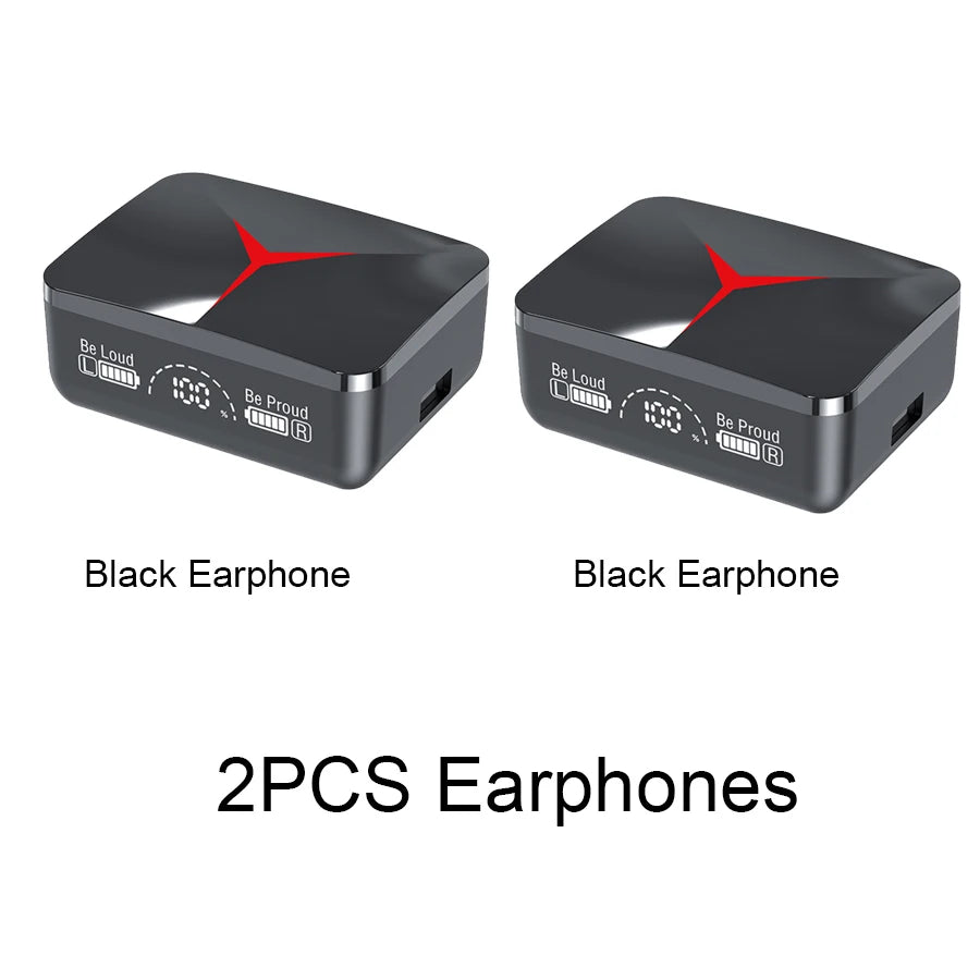 2PCS black earphones in sleek design with digital display and red accents